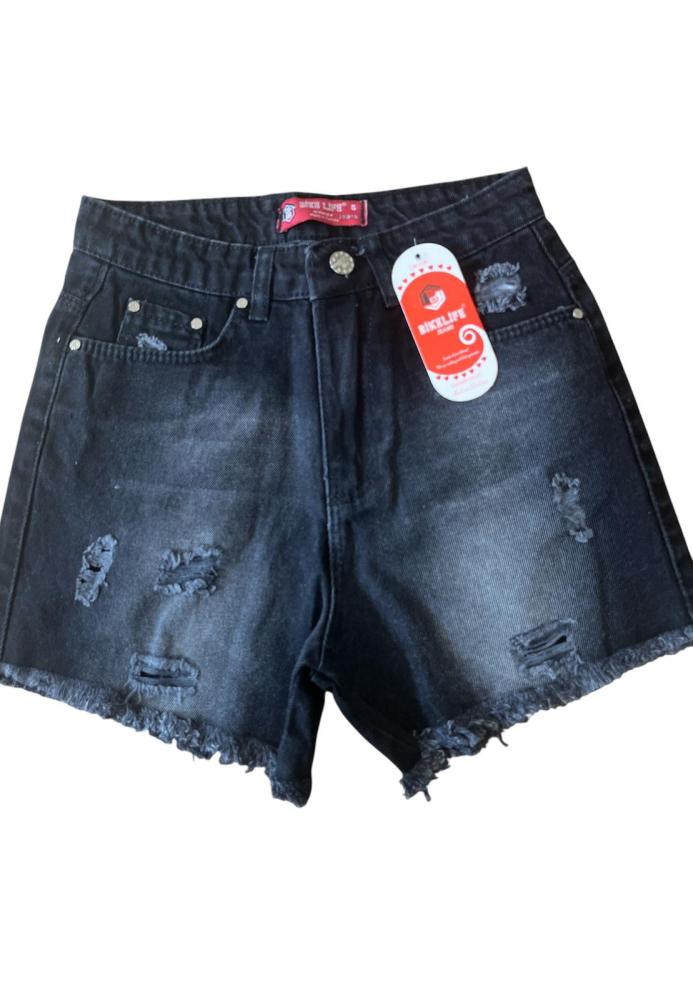 Blugi scurti damă negri cu talie înaltă – franjuri, croială lejeră,Engros